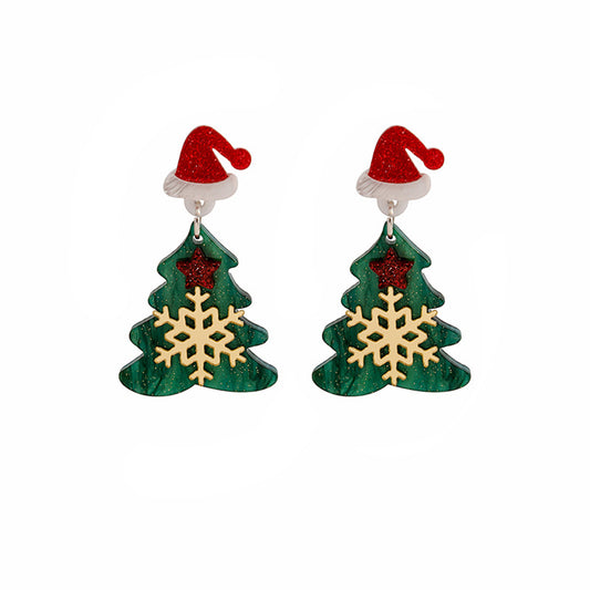Green Acrylic and Silver-Plated Snowflake Tree Drop Earrings, silver drop earrings for women, front view