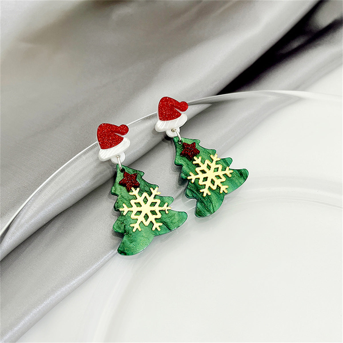 Green Acrylic and Silver-Plated Snowflake Tree Drop Earrings, silver drop earrings for women, lifestyle look