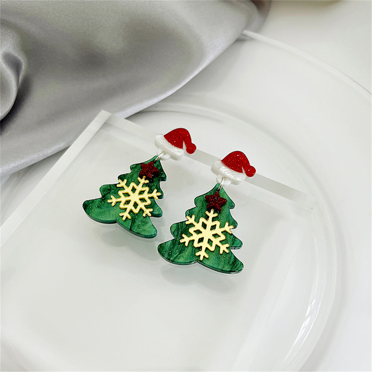 Green Acrylic and Silver-Plated Snowflake Tree Drop Earrings, silver drop earrings for women, detail close-up