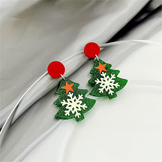 Green and Red Acrylic Silver-Plated Star Christmas Tree Drop Earrings, silver drop earrings for women, front view