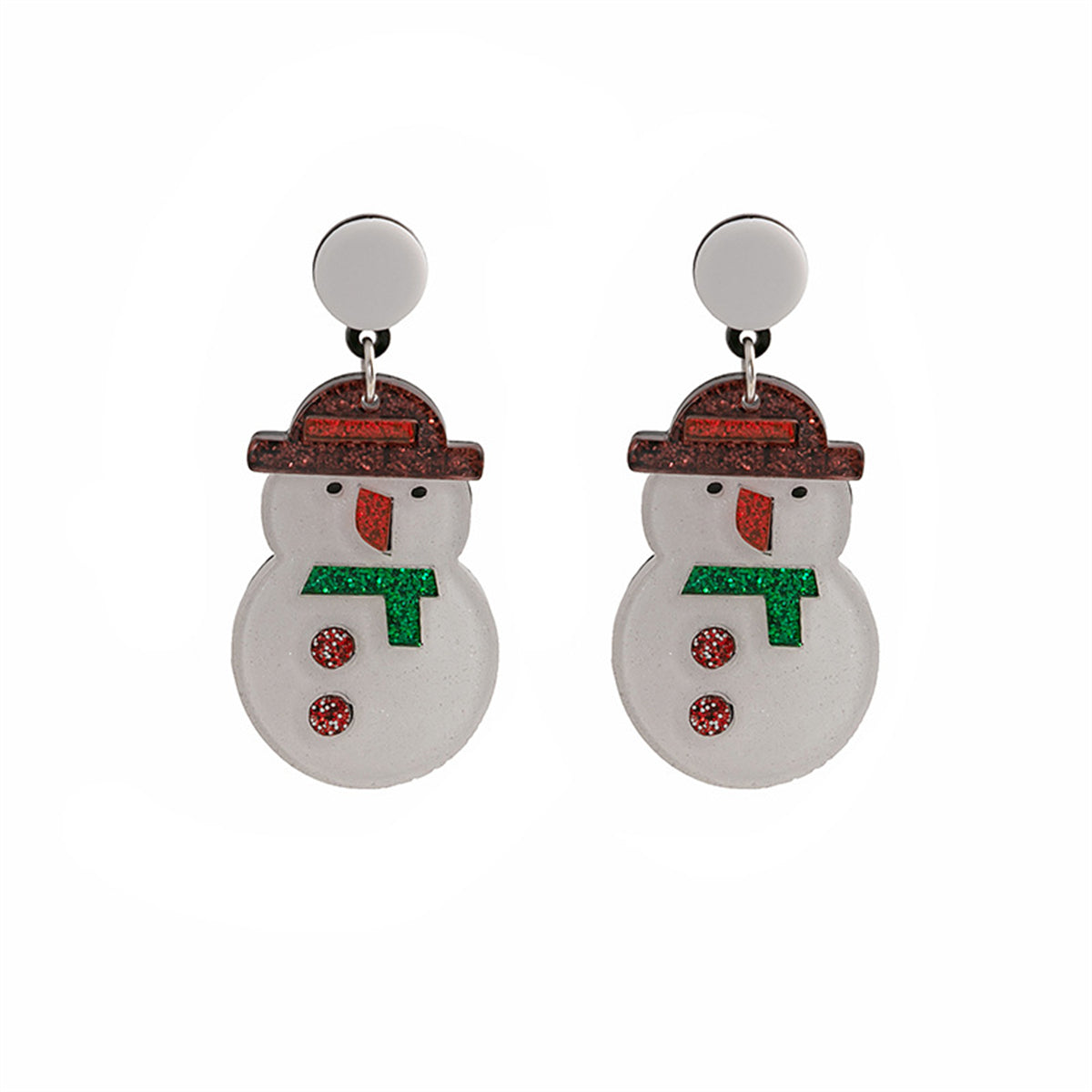 White and Red Acrylic Silver-Plated Glitter Snowman Drop Earrings, silver drop earrings for women, front view