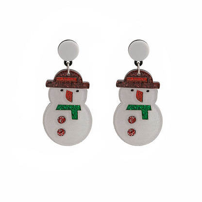White and Red Acrylic Silver-Plated Glitter Snowman Drop Earrings, silver drop earrings for women, front view