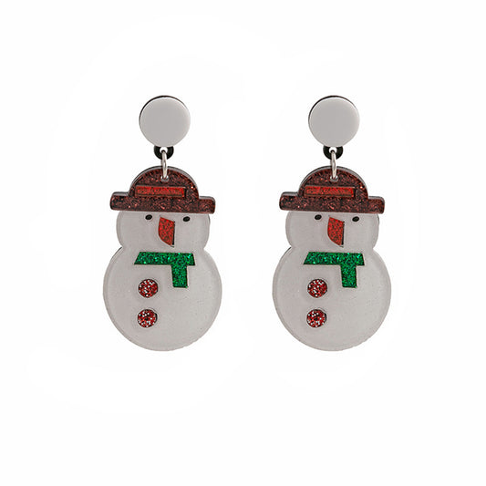 White and Red Acrylic Silver-Plated Glitter Snowman Drop Earrings, silver drop earrings for women, front view