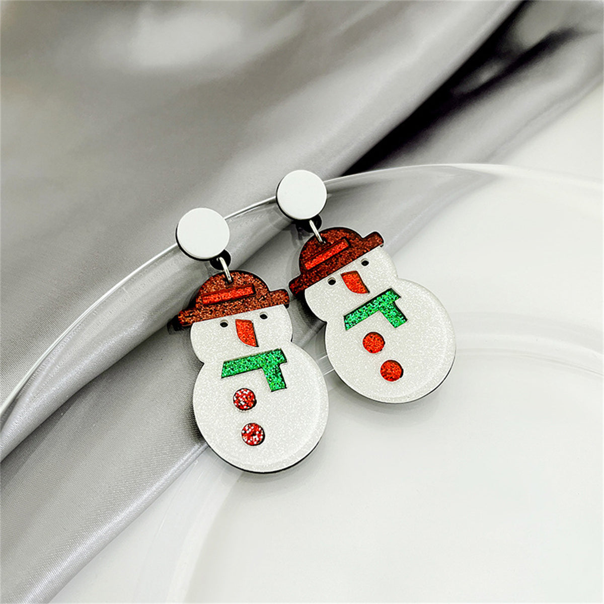 White and Red Acrylic Silver-Plated Glitter Snowman Drop Earrings, silver drop earrings for women, side view