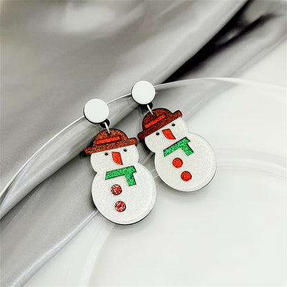 White and Red Acrylic Silver-Plated Glitter Snowman Drop Earrings, silver drop earrings for women, side view
