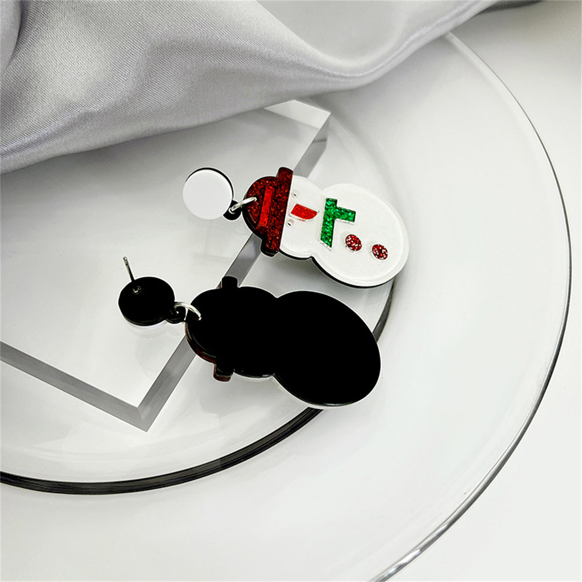 White and Red Acrylic Silver-Plated Glitter Snowman Drop Earrings, silver drop earrings for women, detail close-up