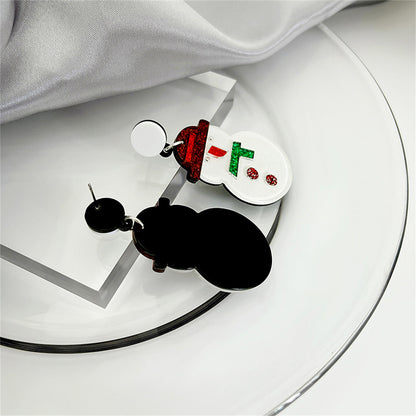 White and Red Acrylic Silver-Plated Glitter Snowman Drop Earrings, silver drop earrings for women, detail close-up