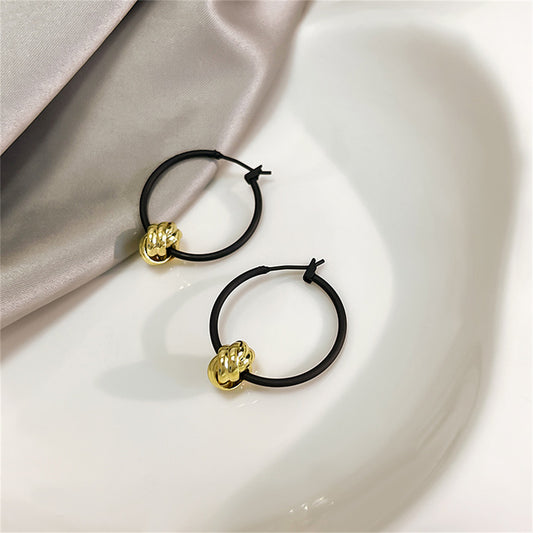 Black and 18K Gold-Plated Ball Hoop Earrings, botanical inspired, front view