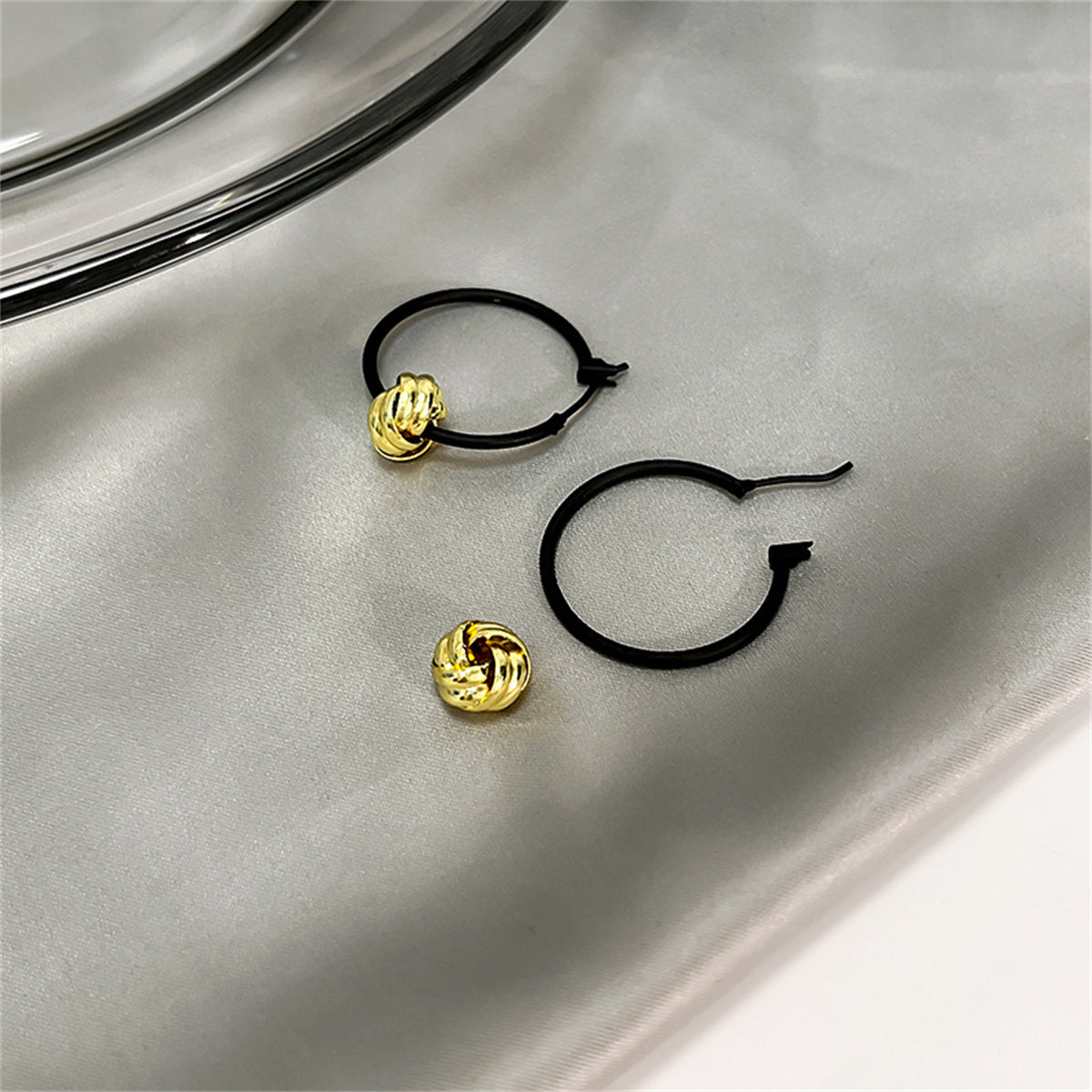 Black and 18K Gold-Plated Ball Hoop Earrings, botanical inspired, lifestyle look