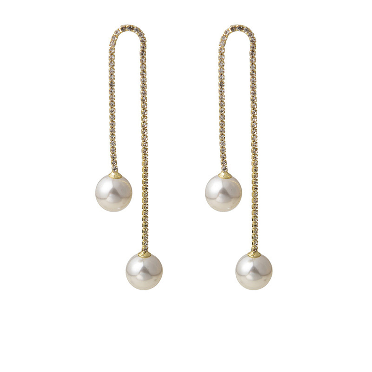 Pearl and Cubic Zirconia 18K Gold-Plated Double-Chain Drop Earrings, gold drop earrings for women, front view