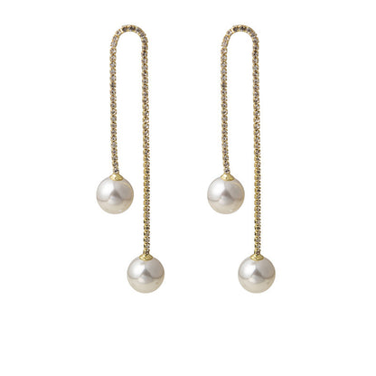 Pearl and Cubic Zirconia 18K Gold-Plated Double-Chain Drop Earrings, gold drop earrings for women, front view