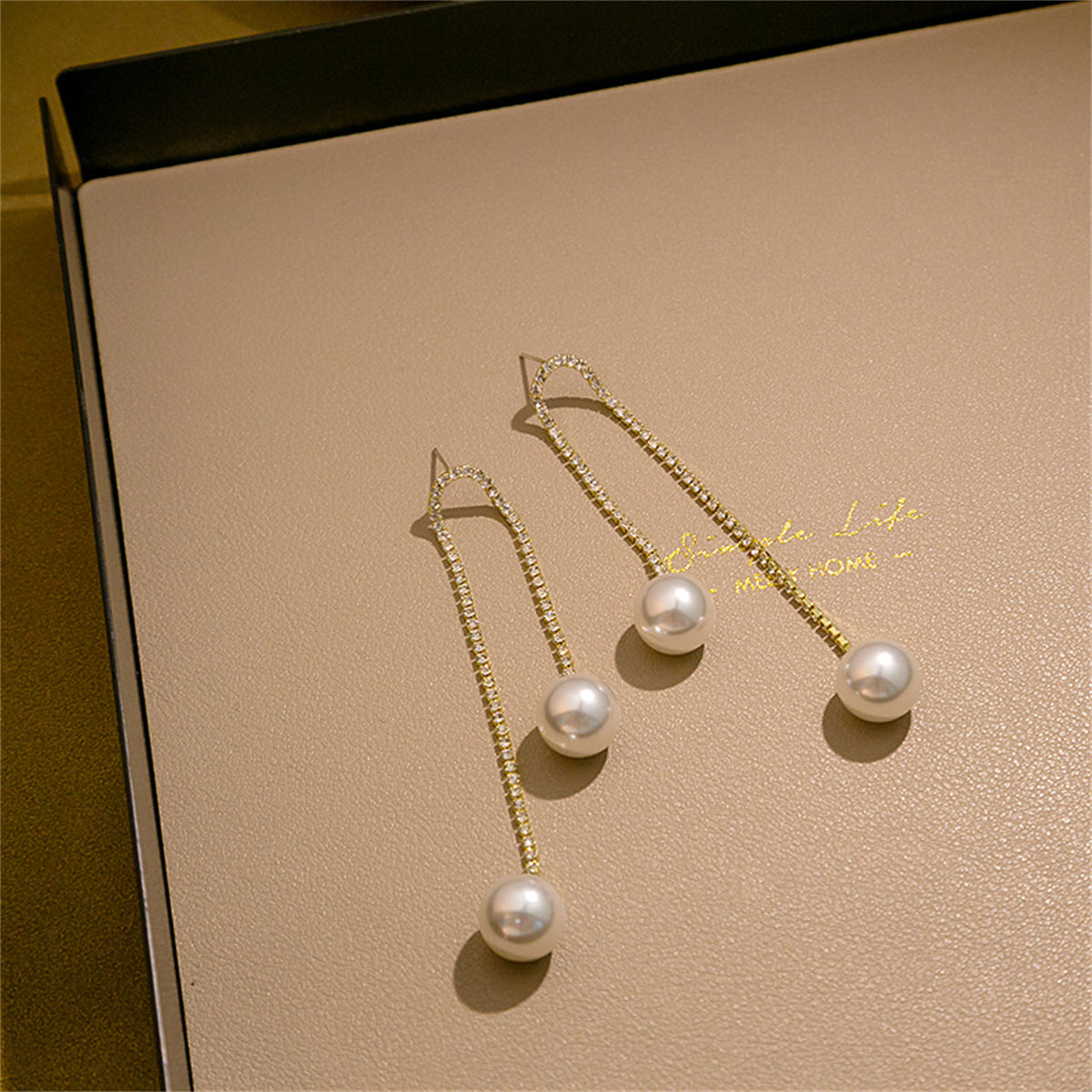 Pearl and Cubic Zirconia 18K Gold-Plated Double-Chain Drop Earrings, gold drop earrings for women, lifestyle look