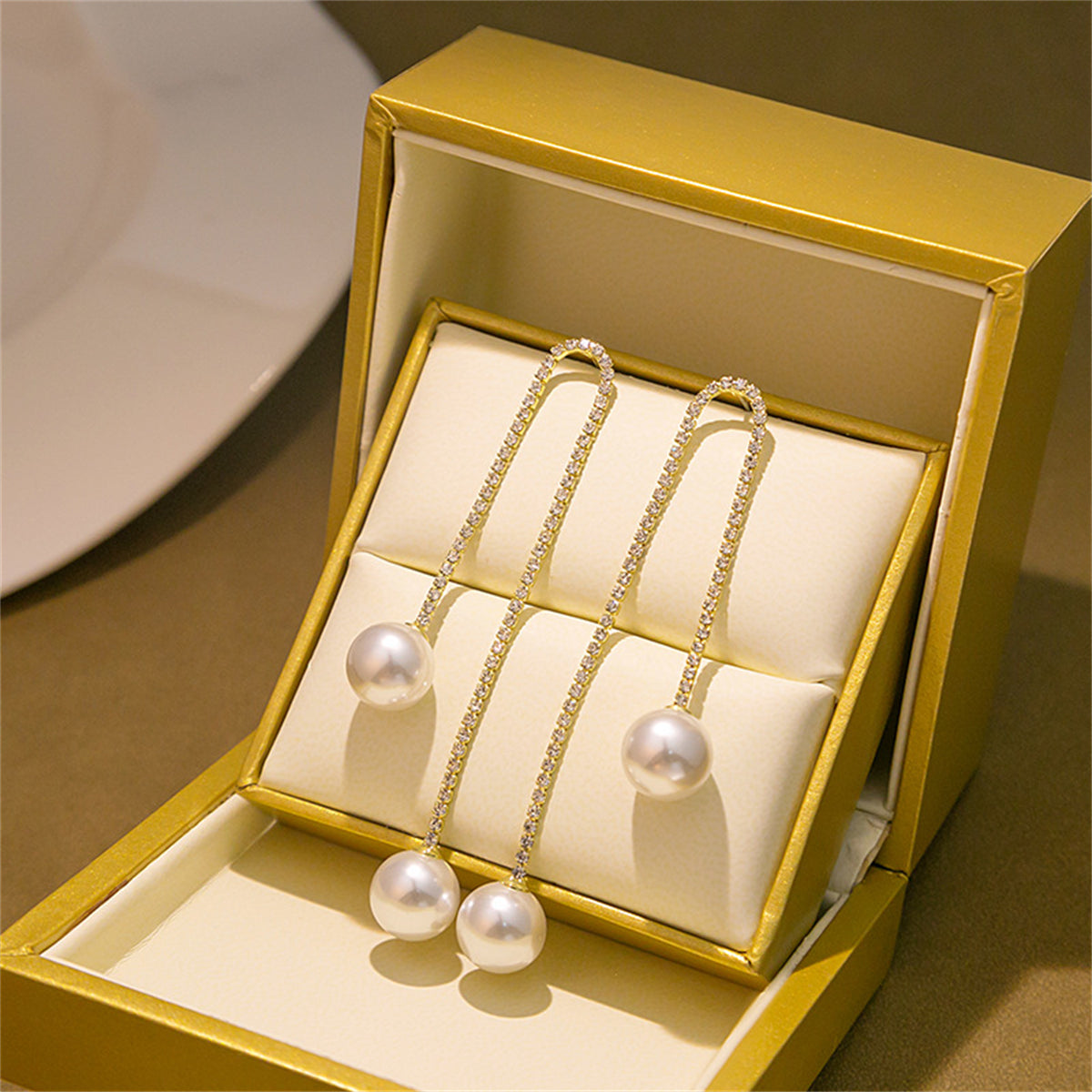 Pearl and Cubic Zirconia 18K Gold-Plated Double-Chain Drop Earrings, gold drop earrings for women, side view