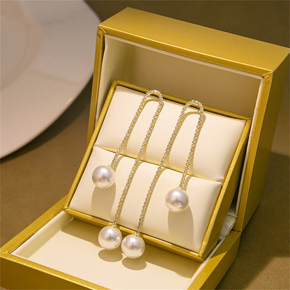 Pearl and Cubic Zirconia 18K Gold-Plated Double-Chain Drop Earrings, gold drop earrings for women, side view