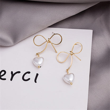 Pearl and 18K Gold-Plated Bow and Heart Drop Earrings, gold drop earrings for women, vintage-inspired design, front view