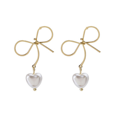 Pearl and 18K Gold-Plated Bow and Heart Drop Earrings, gold drop earrings for women, vintage-inspired design, styled look