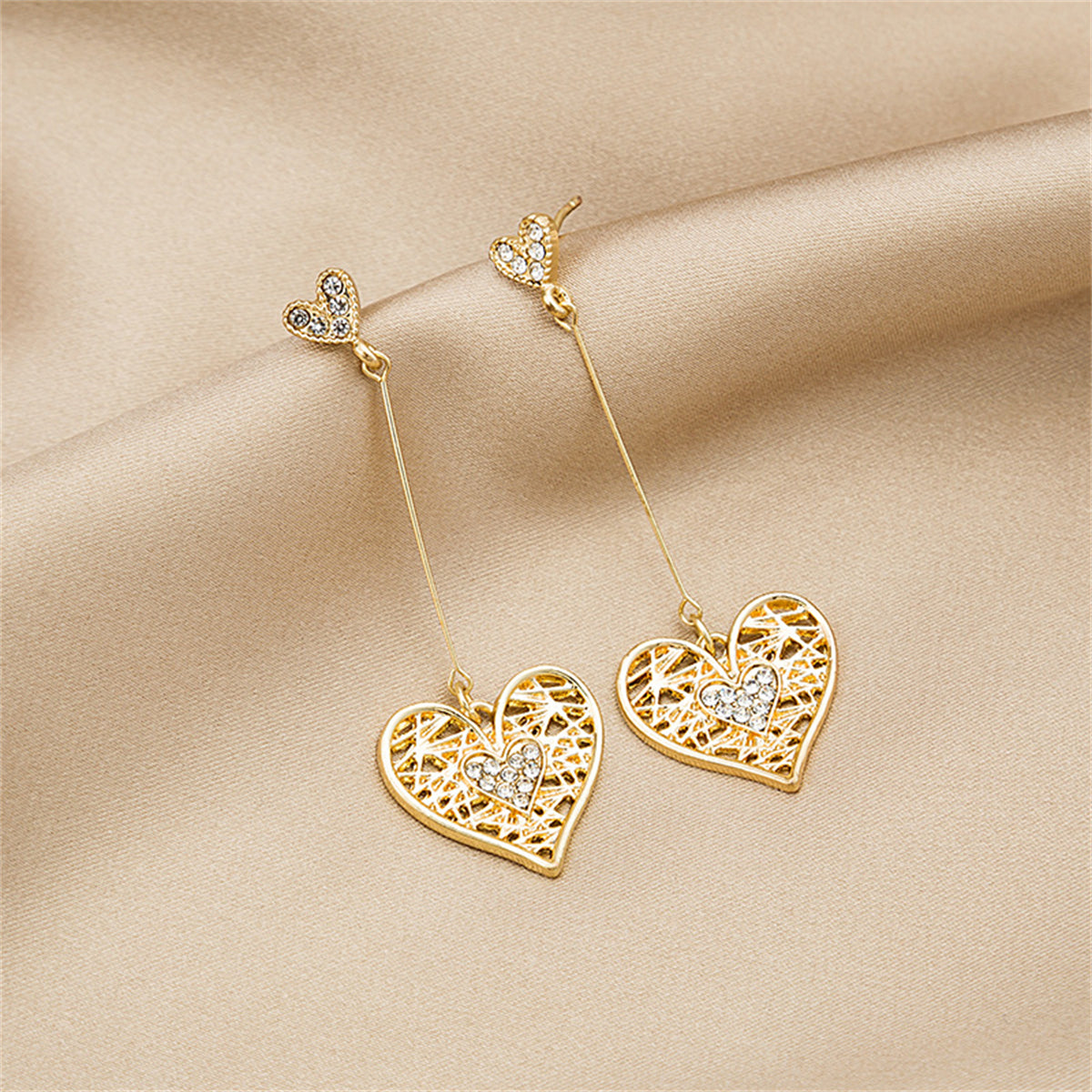 Cubic Zirconia & 18K Gold-Plated Openwork Heart Drop Earrings