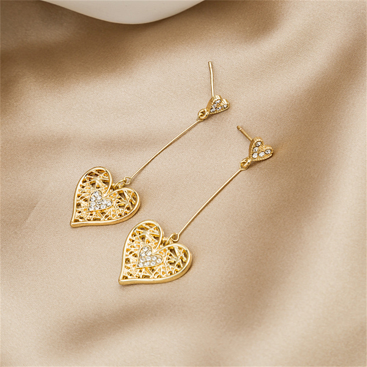 Cubic Zirconia & 18K Gold-Plated Openwork Heart Drop Earrings