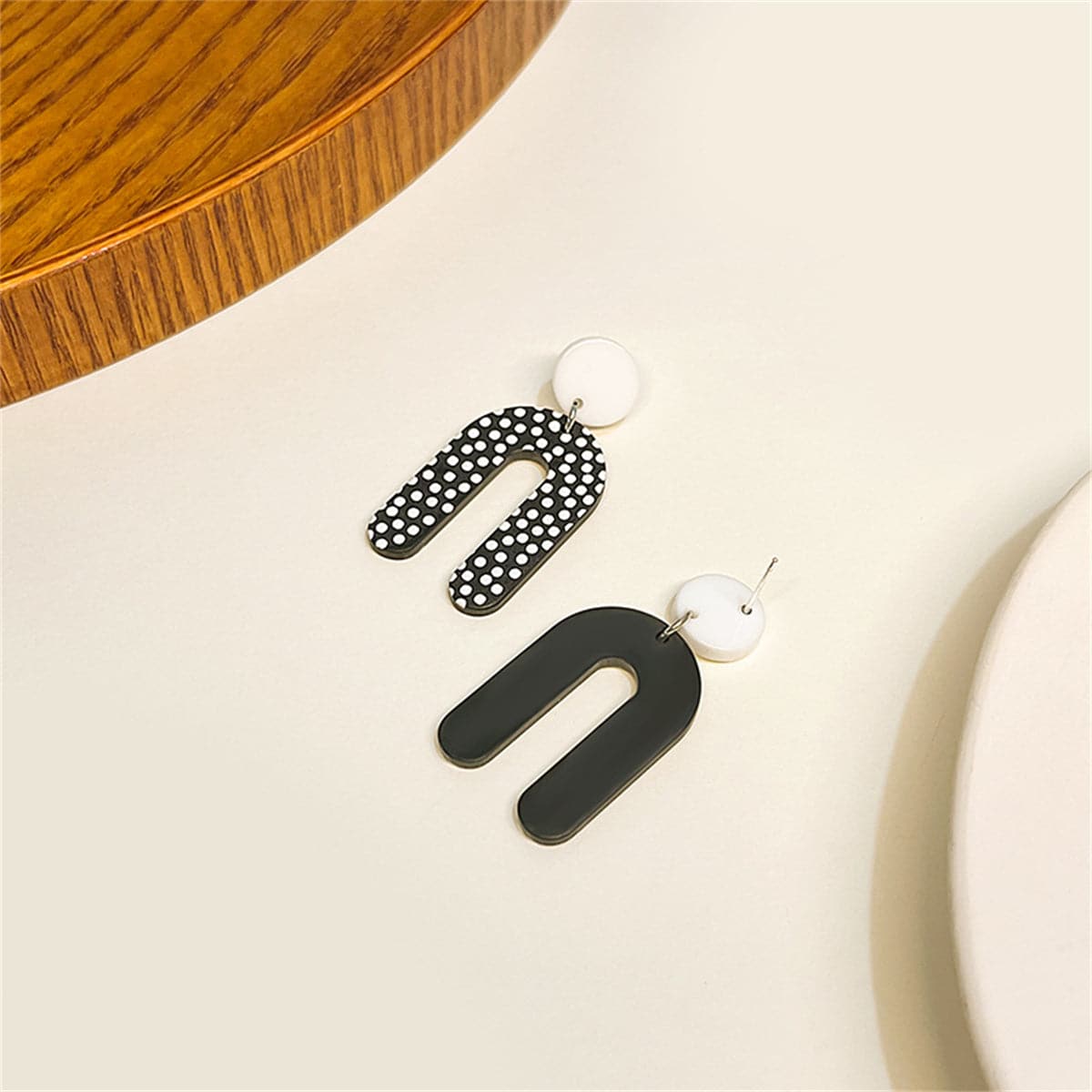 Black Acrylic & Silver-Plated Spotted U-Shape Drop Earrings