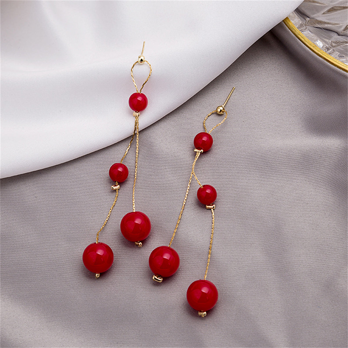 Red Pearl and 18K Gold-Plated Beaded Drop Earrings, gold drop earrings for women, vintage-inspired design, side view
