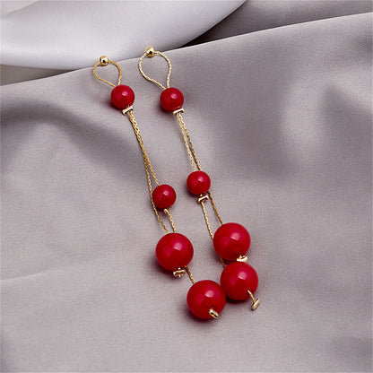 Red Pearl and 18K Gold-Plated Beaded Drop Earrings, gold drop earrings for women, vintage-inspired design, detail close-up