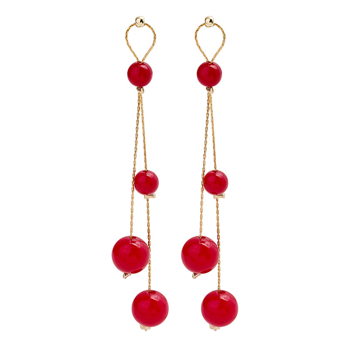 Red Pearl and 18K Gold-Plated Beaded Drop Earrings, gold drop earrings for women, vintage-inspired design, front view