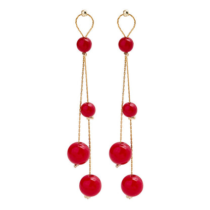 Red Pearl and 18K Gold-Plated Beaded Drop Earrings, gold drop earrings for women, vintage-inspired design, front view
