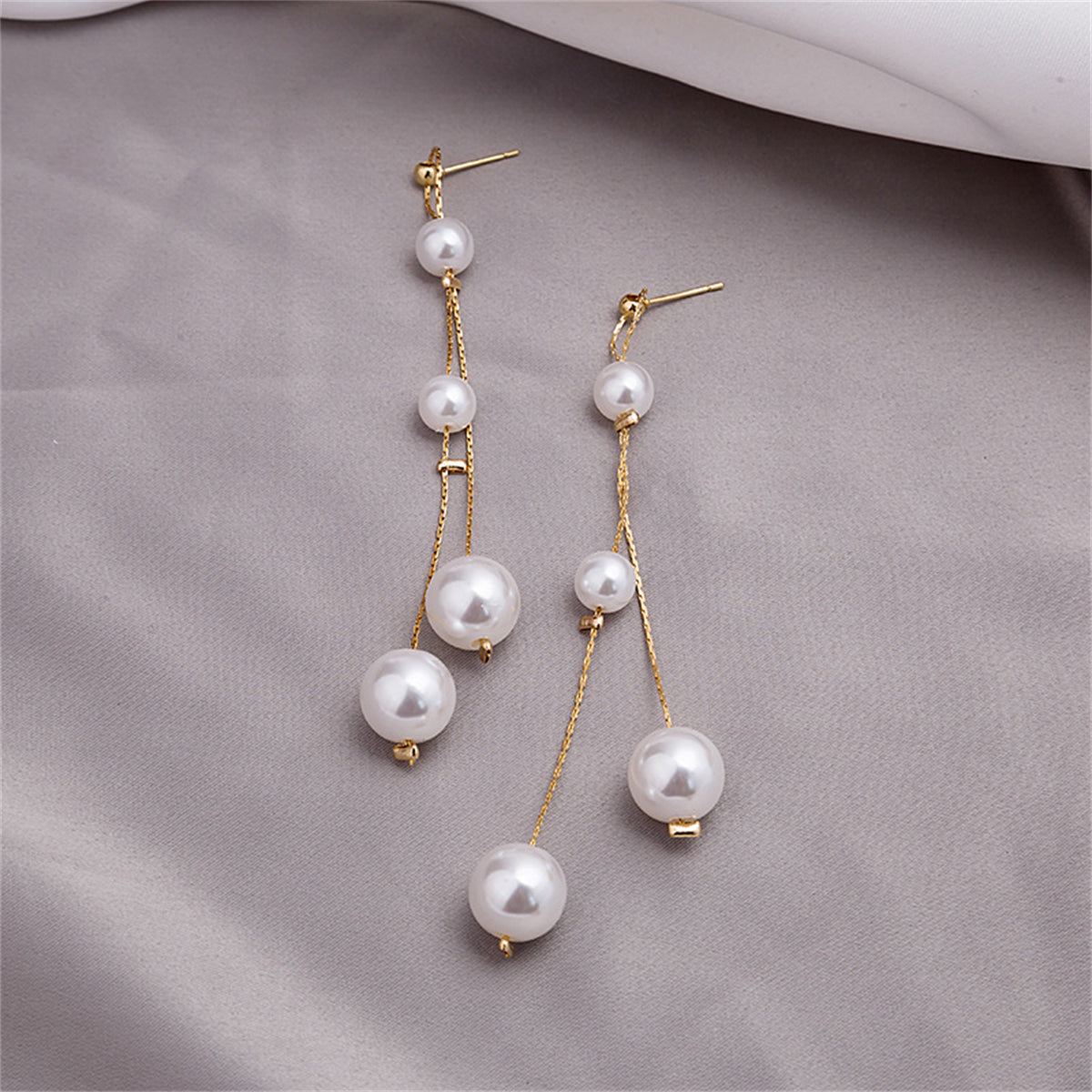 Pearl and 18K Gold-Plated Bead Tassel Drop Earrings, gold drop earrings for women, everyday style, front view