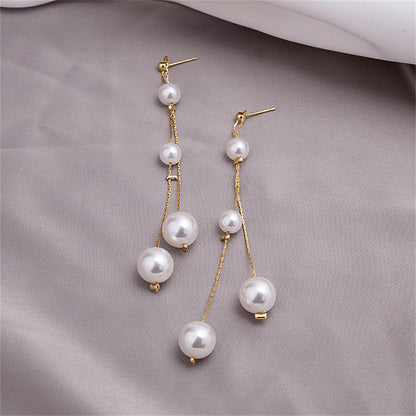 Pearl and 18K Gold-Plated Bead Tassel Drop Earrings, gold drop earrings for women, everyday style, front view