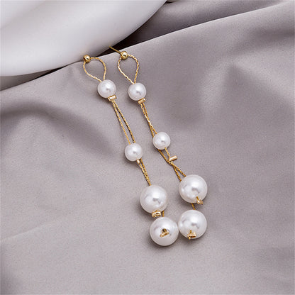 Pearl and 18K Gold-Plated Bead Tassel Drop Earrings, gold drop earrings for women, everyday style, detail close-up