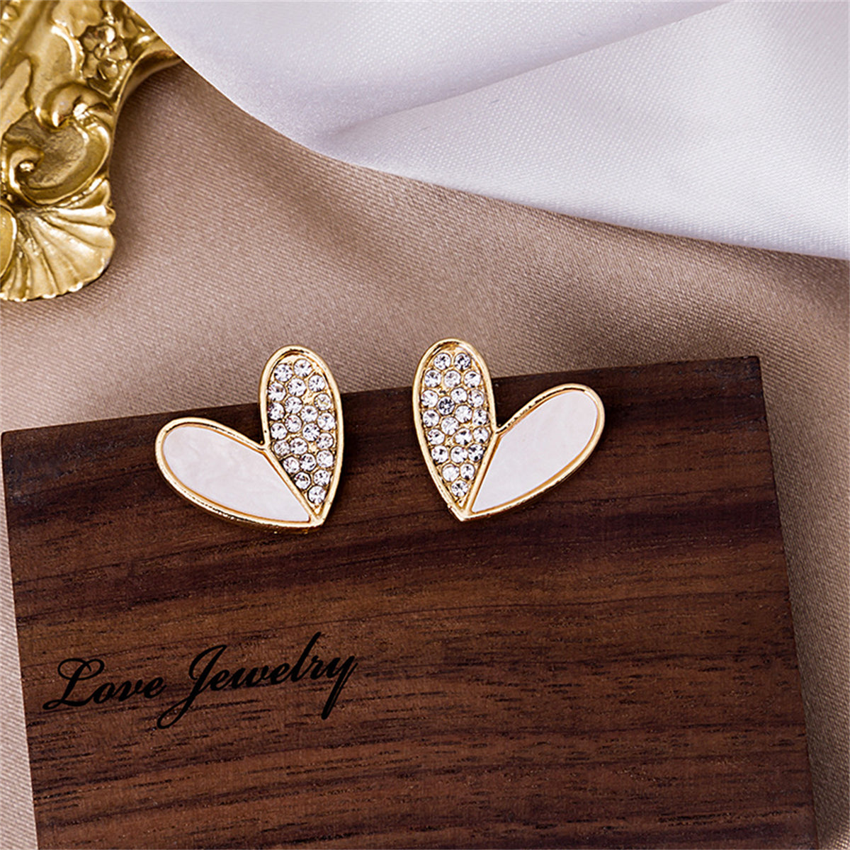 Cubic Zirconia and 18K Gold-Plated Heart Stud Earrings, gold stud earrings for women, botanical inspired, front view