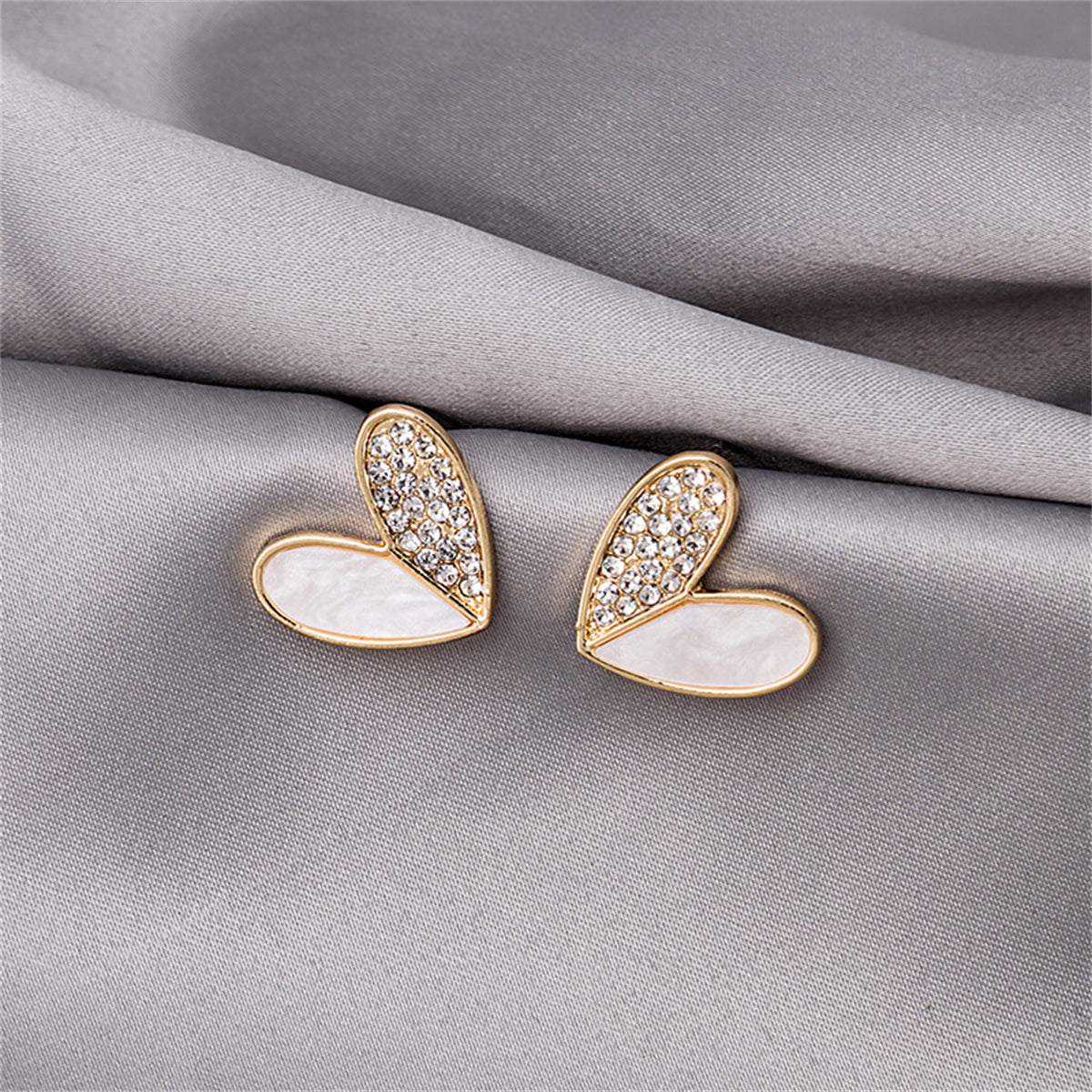 Cubic Zirconia and 18K Gold-Plated Heart Stud Earrings, gold stud earrings for women, botanical inspired, styled look