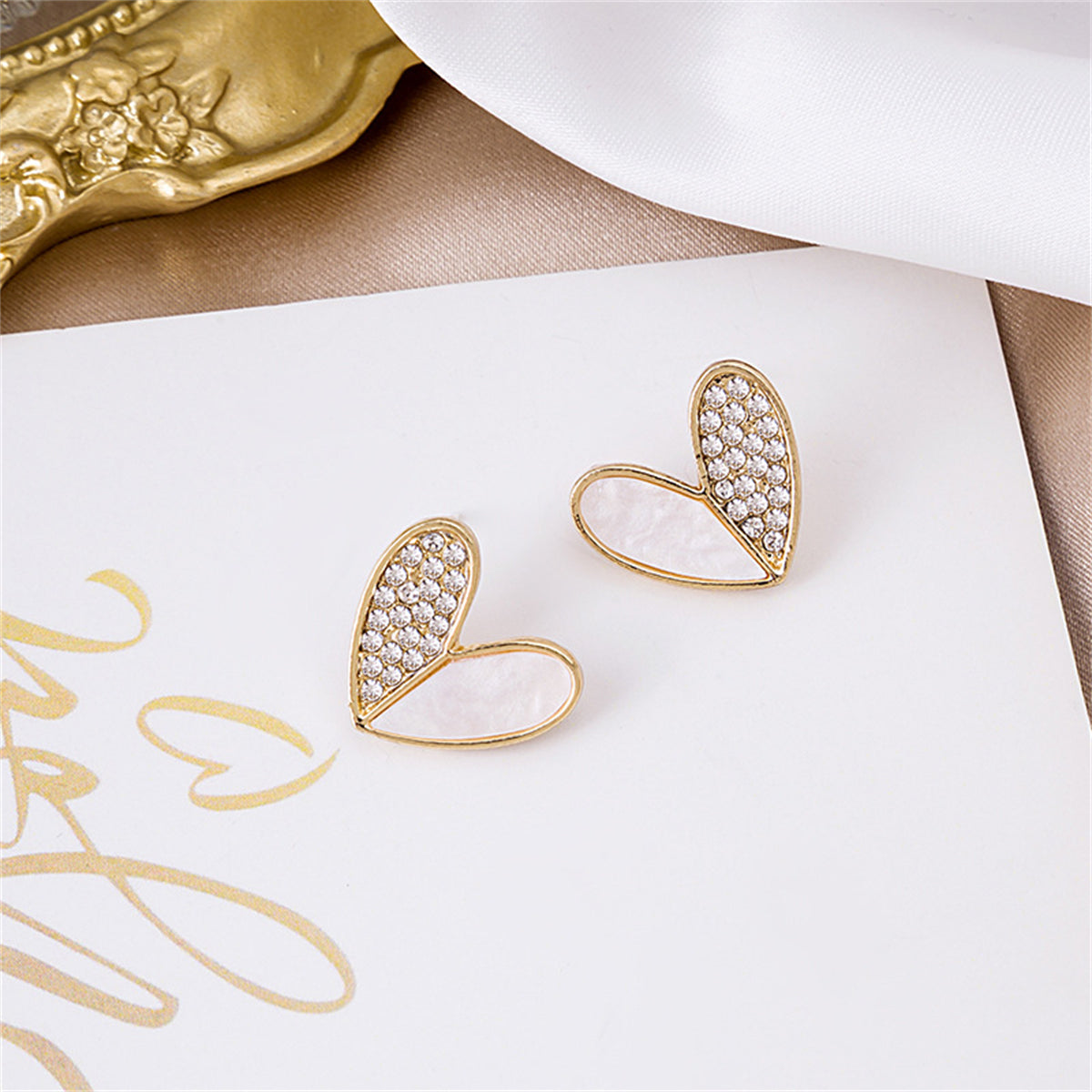 Cubic Zirconia & 18K Gold-Plated Heart Stud Earrings