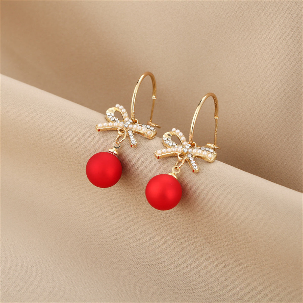 Red Resin and Pearl Cubic Zirconia Bow Huggie Earrings, huggie earrings, botanical inspired, lifestyle look