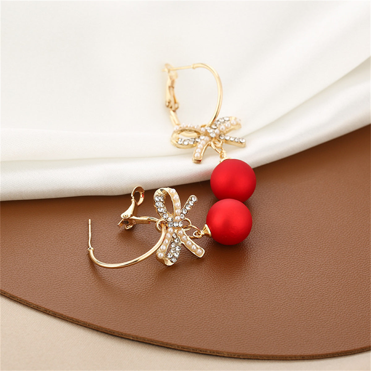 Red Resin and Pearl Cubic Zirconia Bow Huggie Earrings, huggie earrings, botanical inspired, styled look