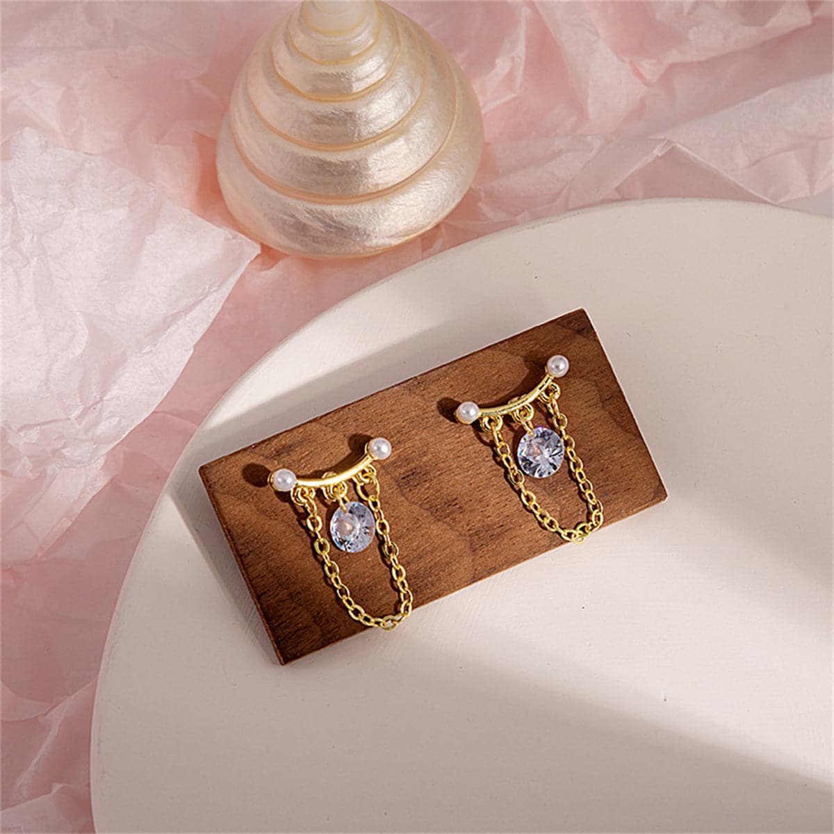 Crystal and Pearl 18K Gold-Plated Chain-Accent Drop Earrings, gold drop earrings for women, botanical inspired, front view