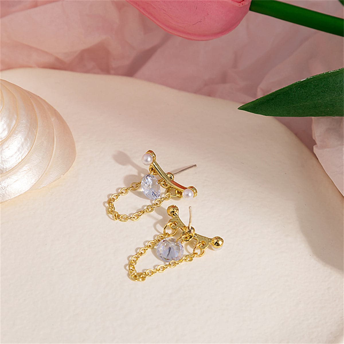 Crystal and Pearl 18K Gold-Plated Chain-Accent Drop Earrings, gold drop earrings for women, botanical inspired, side view