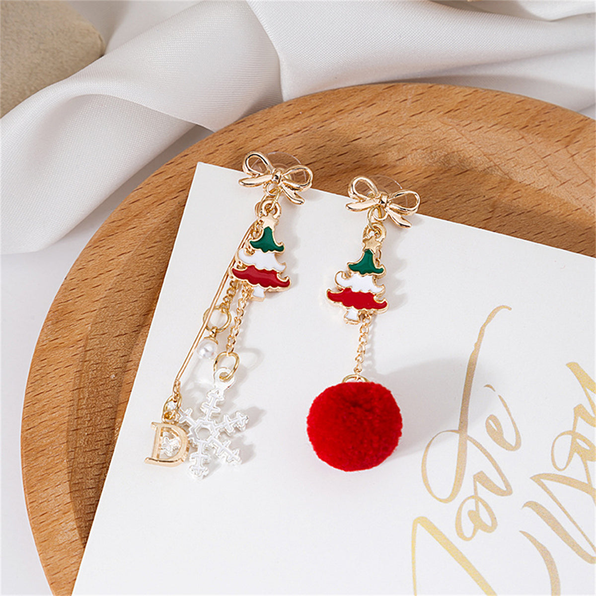 Pearl & Red Christmas Tree Snowflake Pom-Pom Mismatch Drop Earrings