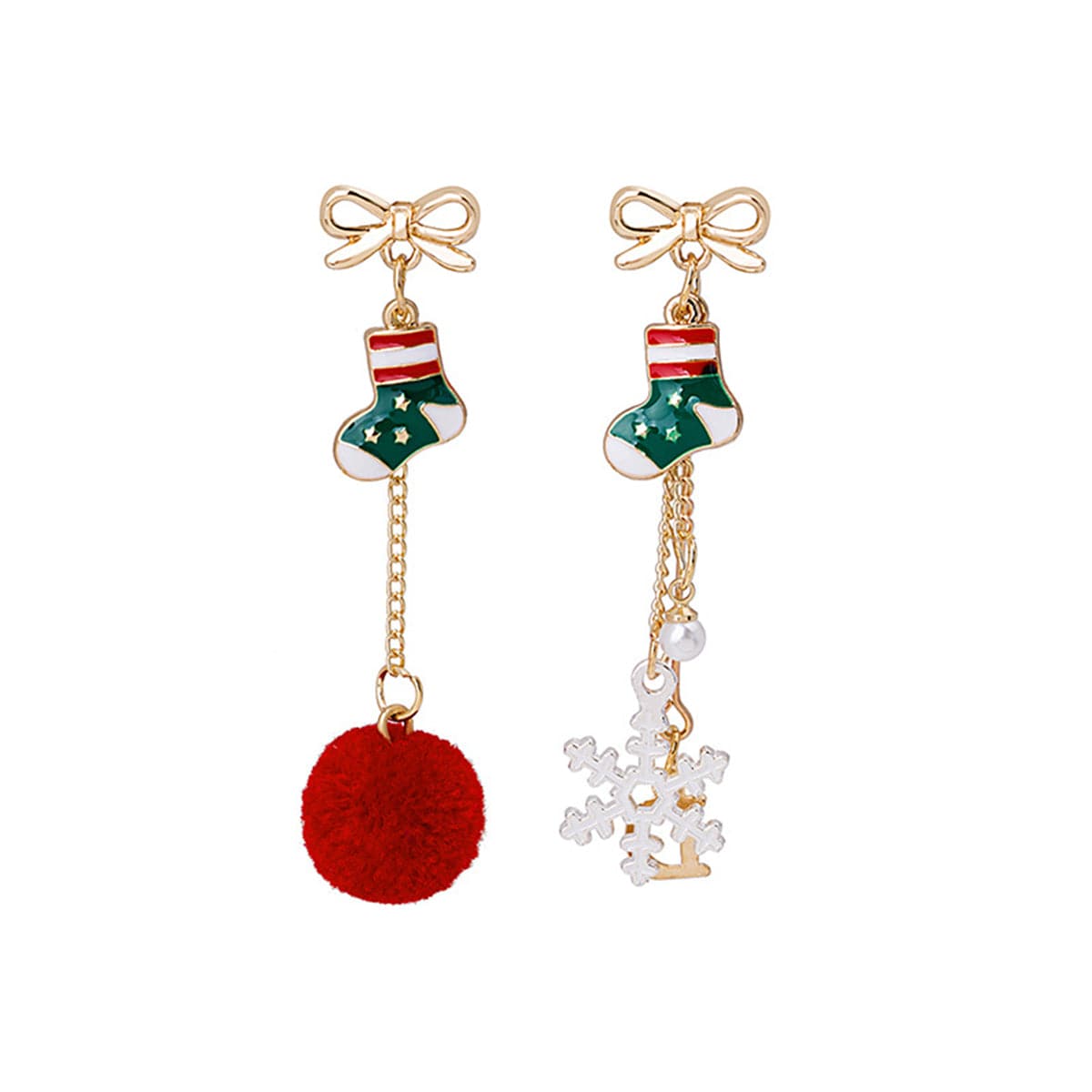 Pearl and Red Stocking Snowflake Pom-Pom Mismatch Drop Earrings, drop earrings for women, elegant gift for her, front view