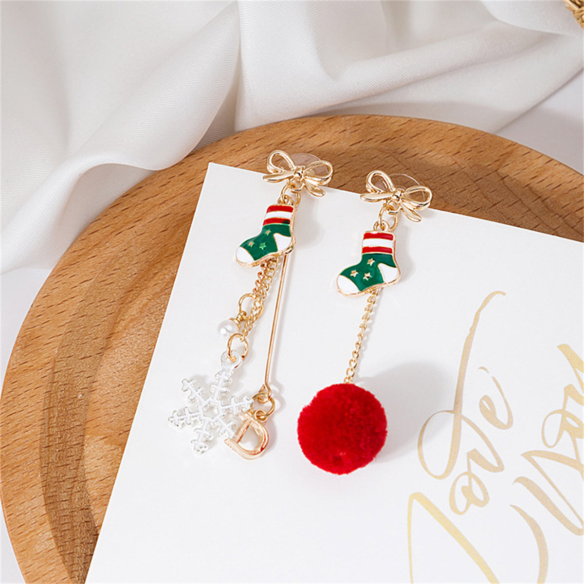 Pearl and Red Stocking Snowflake Pom-Pom Mismatch Drop Earrings, drop earrings for women, detail close-up