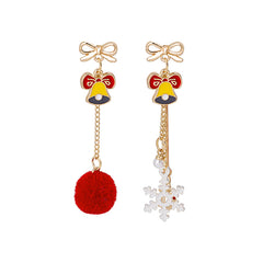 Pearl & Red Bell Snowflake Pom-Pom Mismatch Drop Earrings
