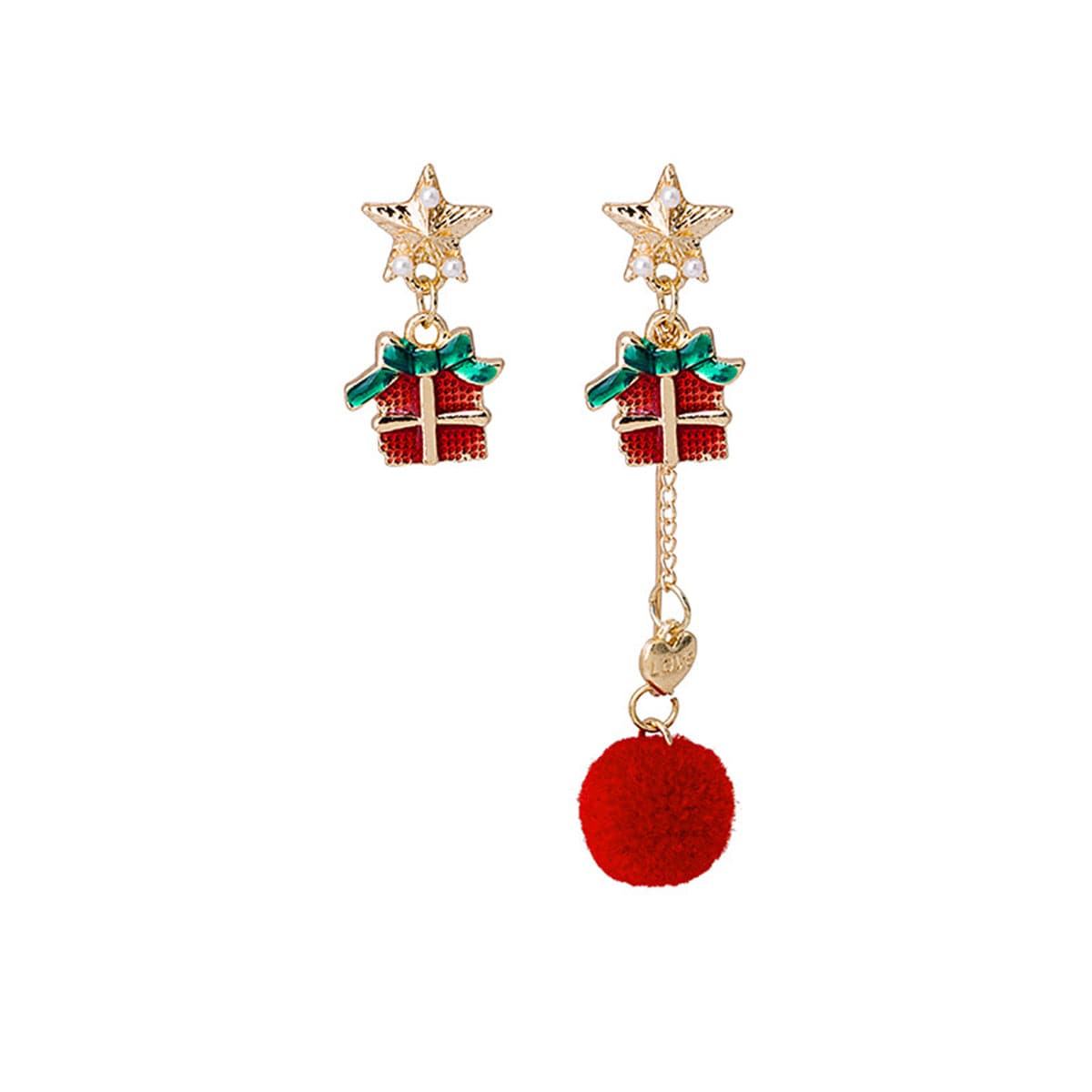 Pearl & Red Star Gift Box Pom-Pom Mismatch Drop Earrings