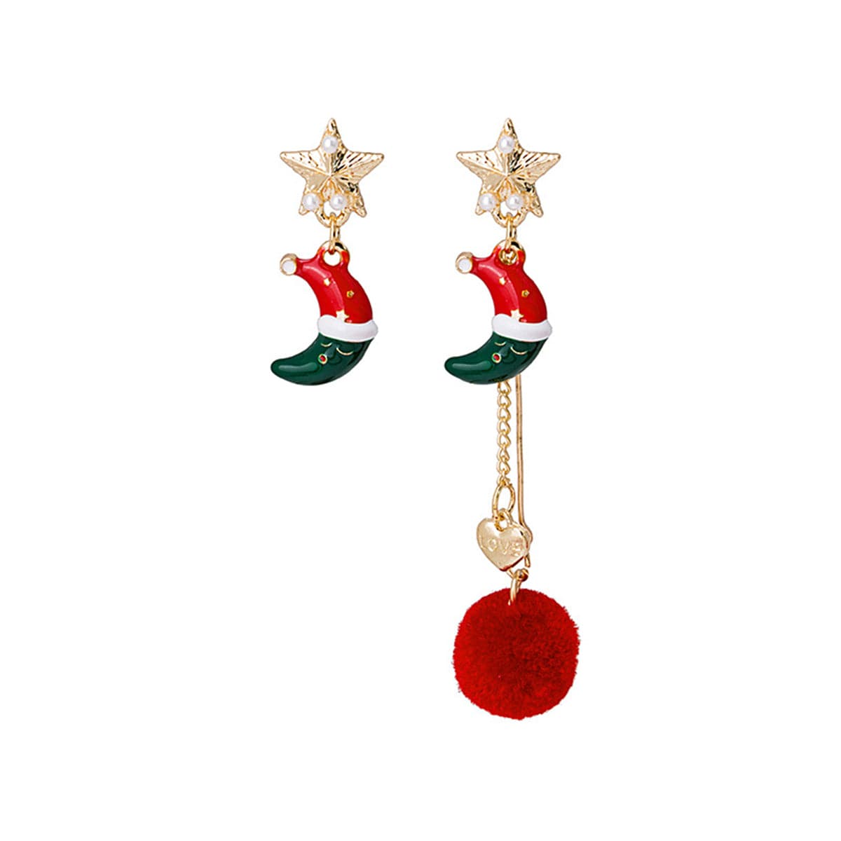 Pearl & Red Star Moon Pom-Pom Mismatch Drop Earrings