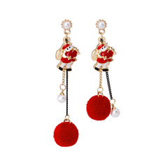 Pearl & Red Santa Pom-Pom Mismatch Drop Earrings