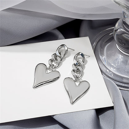 Silver-Plated Curb Chain Heart Drop Earrings, silver drop earrings for women, elegant gift for her, lifestyle look