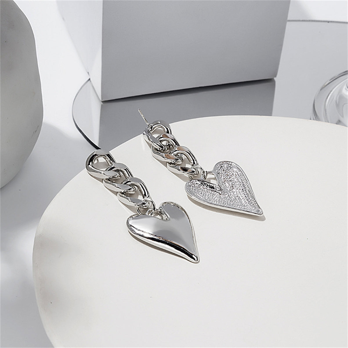 Silver-Plated Curb Chain Heart Drop Earrings, silver drop earrings for women, elegant gift for her, side view