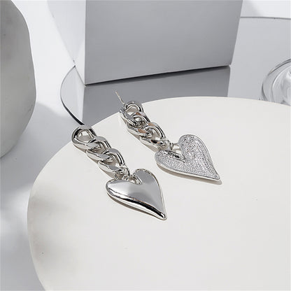 Silver-Plated Curb Chain Heart Drop Earrings, silver drop earrings for women, elegant gift for her, side view