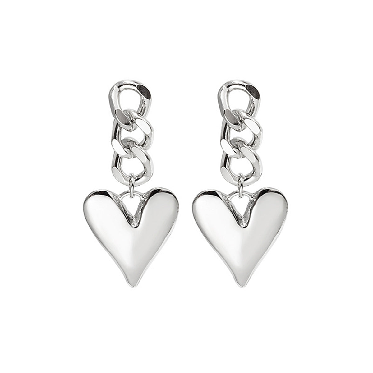 Silver-Plated Curb Chain Heart Drop Earrings, silver drop earrings for women, elegant gift for her, front view