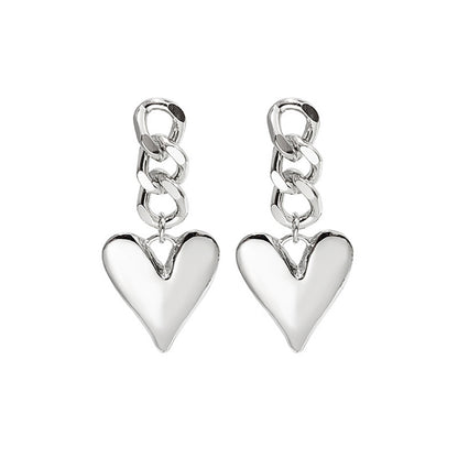 Silver-Plated Curb Chain Heart Drop Earrings, silver drop earrings for women, elegant gift for her, front view