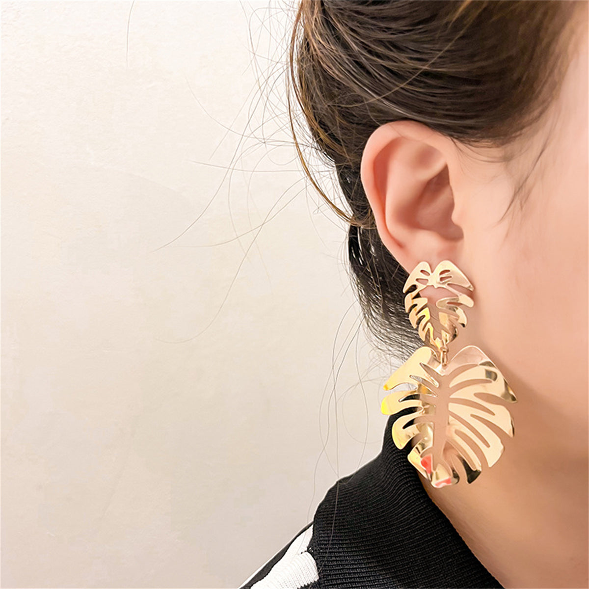 18K Gold-Plated Palm Leaves Drop Earrings, gold drop earrings for women, dainty minimalist design, lifestyle look